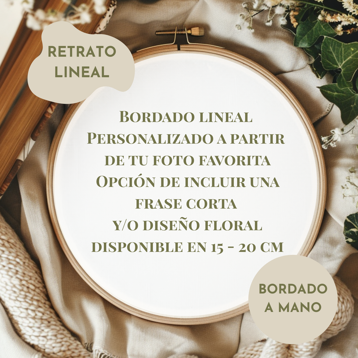 Bastidor Bordado a Mano Personalizado – Tu foto con Frase y/o Flores (15 o 20cm)
