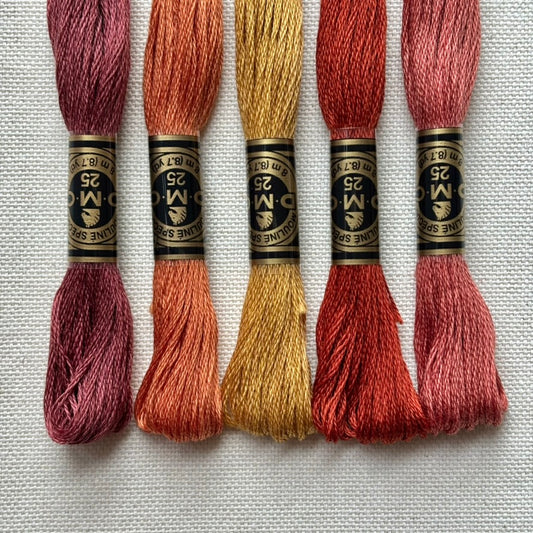 Paleta de hilos para bordar en tonos cálidos inspirados en el otoño, perfecta para proyectos de bordado a mano. Incluye colores tipo terracota, ocre y rosa tostado en mouliné DMC, ideal para kit de bordado, patrones modernos y material de bordado para principiantes y avanzados.