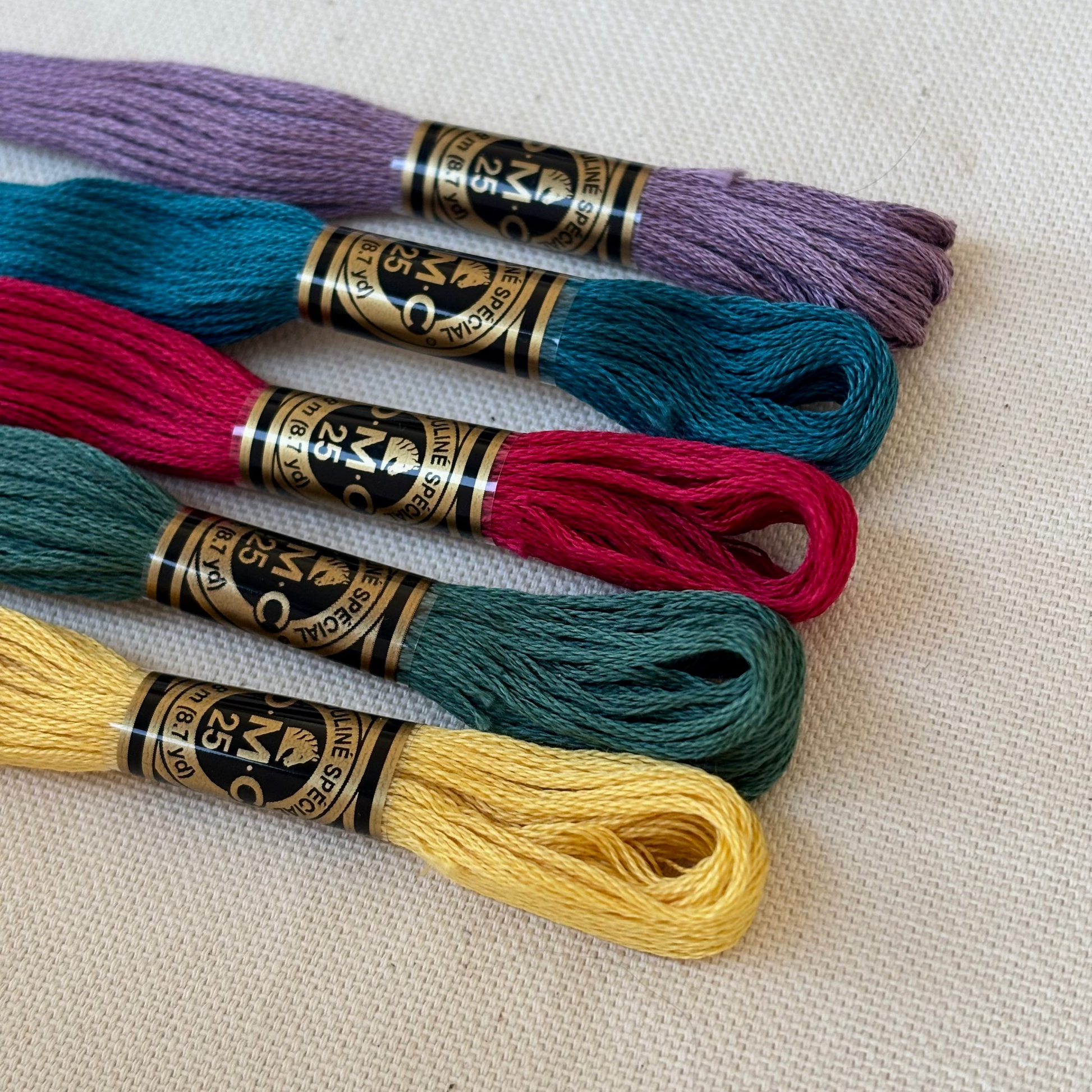 Paleta de hilos para bordar con colores intensos y contrastados como verde eucalipto, frambuesa y azul petróleo. Incluye mouliné DMC ideal para kit de bordado, bordado moderno y material de bordado llamativo.
