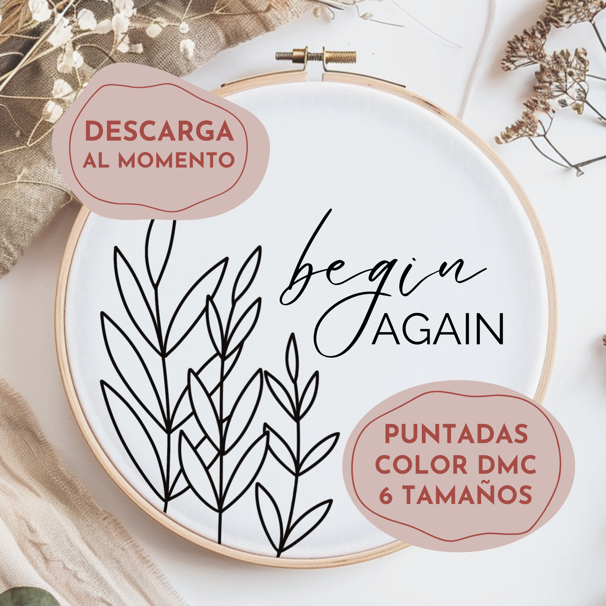 Patrón para bordar a mano con diseño botánico y con frase. Descarga digital de diseños de bordado.