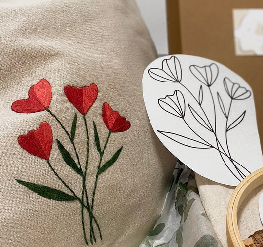 Kit de bordado con hilos para bordar flores de amapolas con adhesivo soluble para bordado