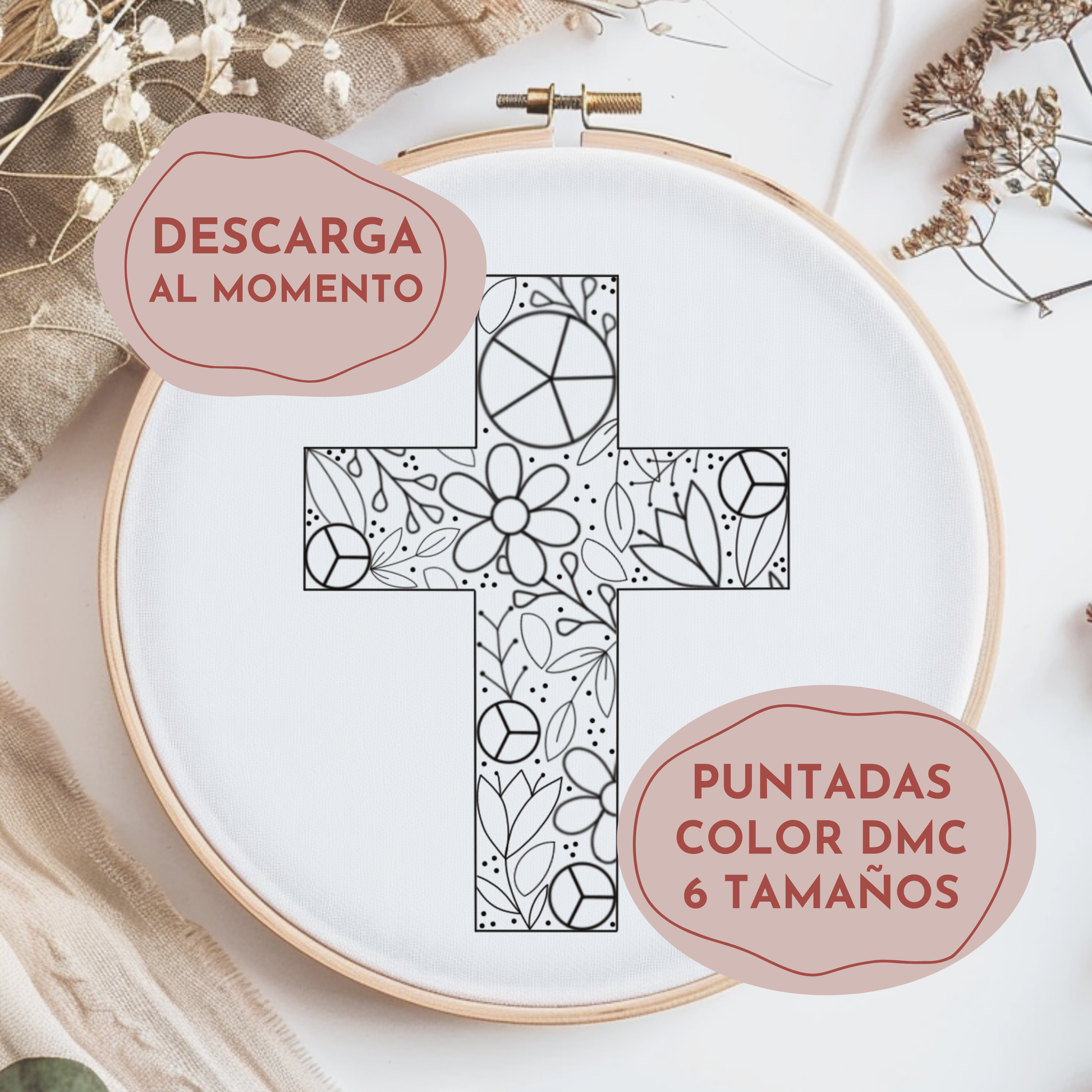 Diseño de bordado a mano floral con cruz. Descarga digital inmediata. Patrón de bordado con guía de puntadas y colores de hilos DMC.