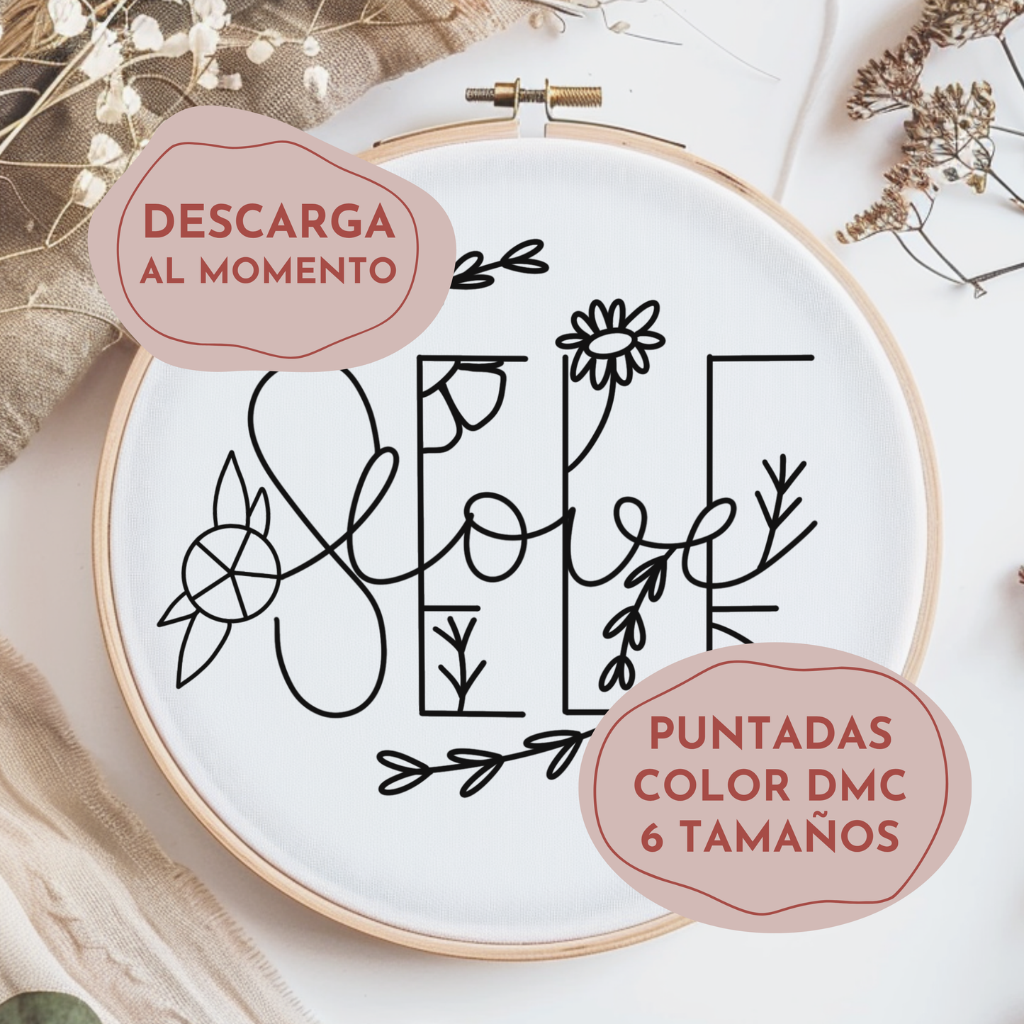 Diseño de bordado a mano con flores y la frase self love. Descarga digital inmediata. Patrón de bordado con guía de puntadas y colores de hilos DMC.