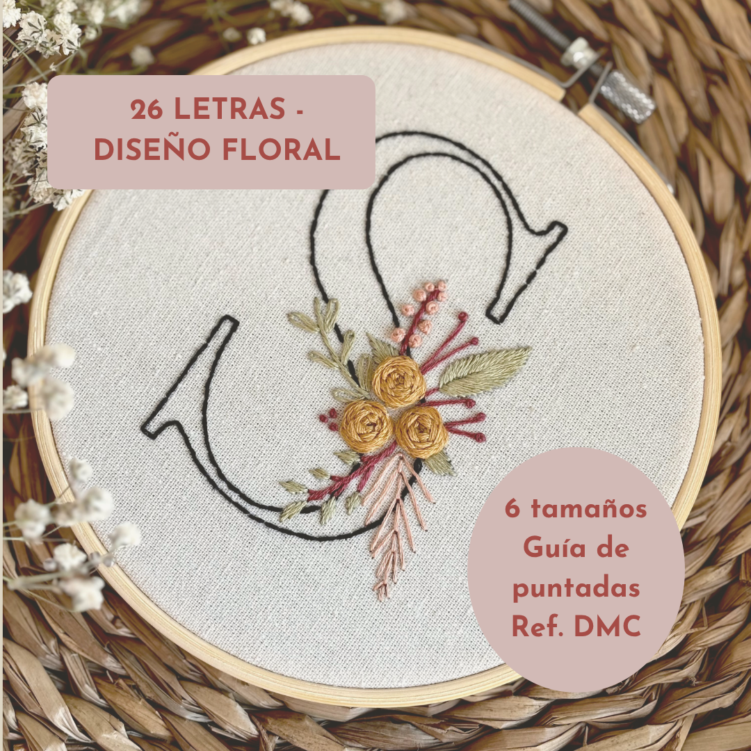 Paquete de diseños para bordar a mano con todas las letras del abecedario con motivos florales. Descarga inmediata de patrones digitales de bordado.