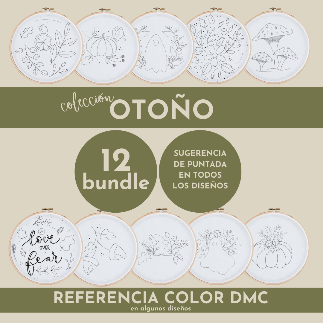 Bundle de 12 patrones de bordado a mano colección Otoño en PDF, con diseños de calabaza, fantasma, setas, hojas y frase "love over fear", con sugerencia de puntada y referencia DMC