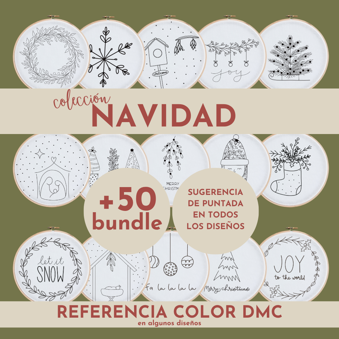 Bundle de más de 50 patrones de bordado a mano navideños en PDF, con diseños de corona, copo de nieve, árbol, belén, calcetín, bolas de navidad y frases "Joy to the world" y "Let it snow", con sugerencia de puntada y referencia DMC
