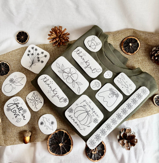 adhesivos de bordado con patrones de otoño como calabazas, zorrito, mandarina, fantasma, thanksgiving